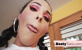 Inked trans babe gets her booty breeded after blowjob