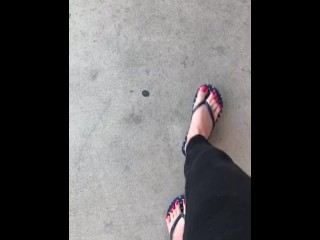 ts Perfect_arch_queen walks in public. pretty red toes!