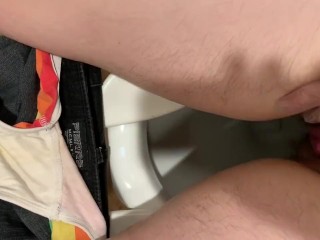Trans Twink Masturbated in public bathroom at work with gloves